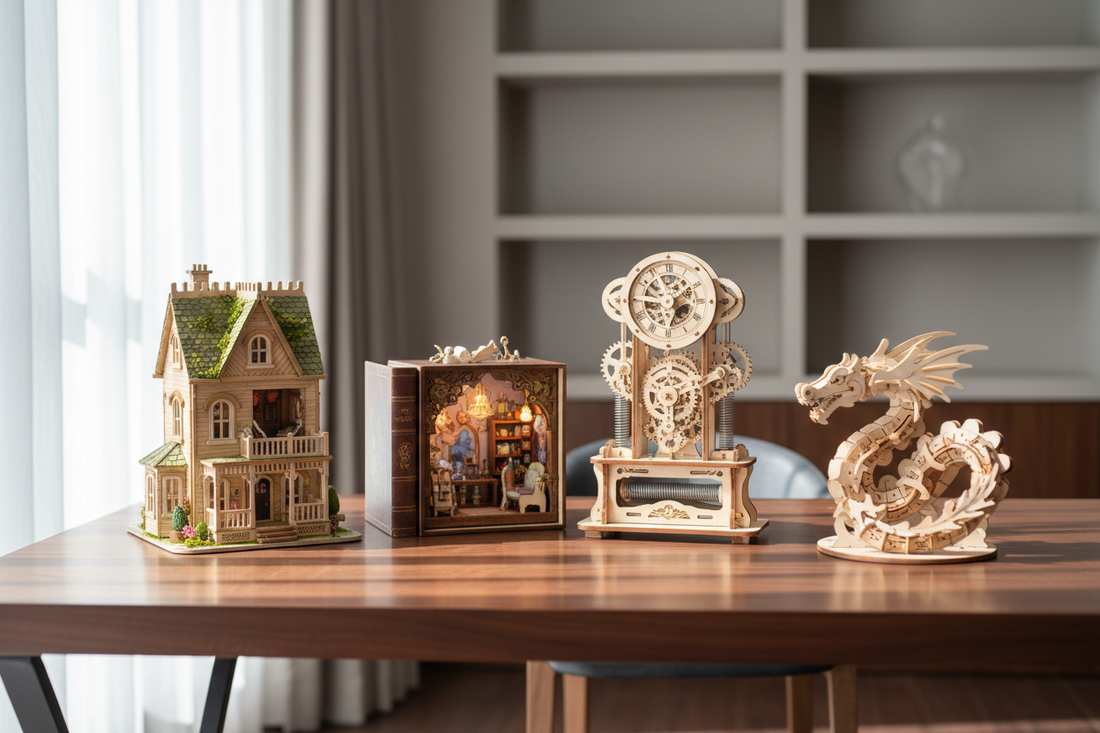 Collection of DIY model kits, book nooks, miniature houses and 3D wooden puzzles for adults