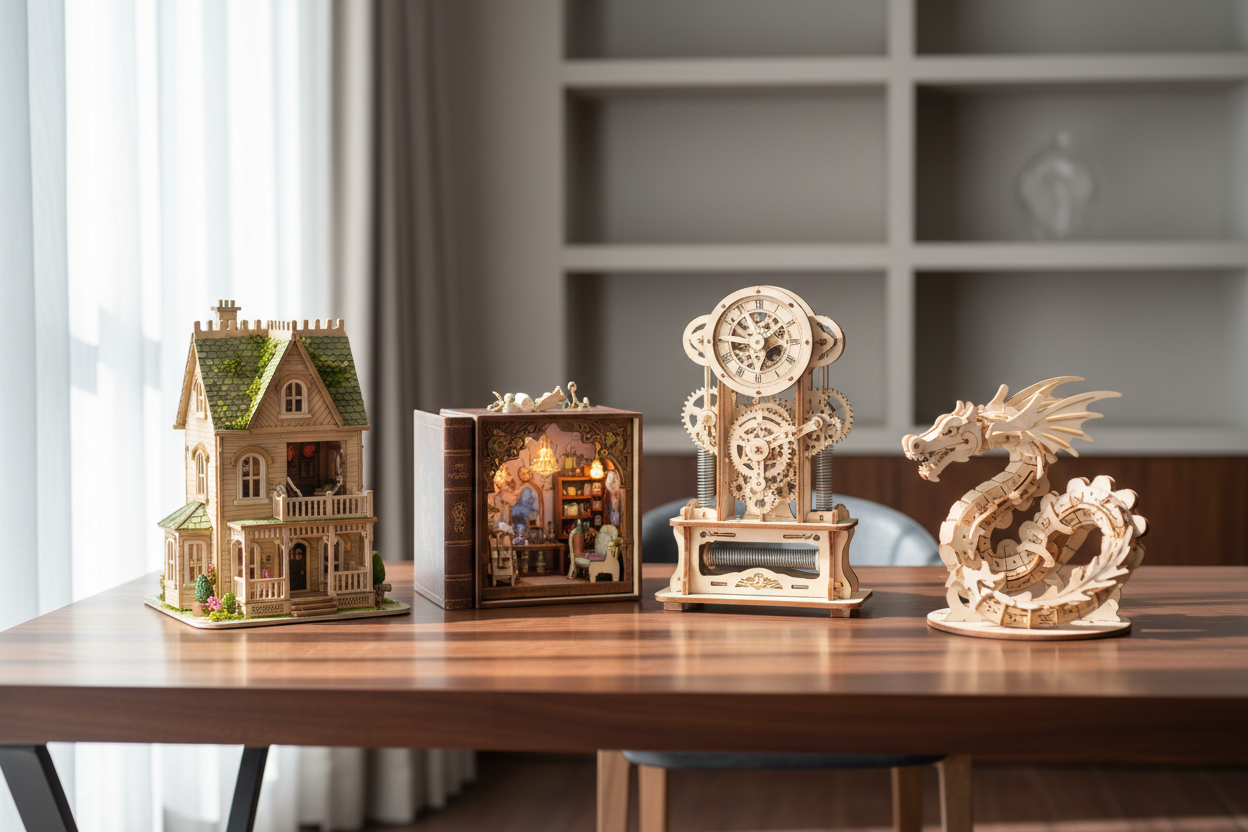 Collection of DIY model kits, book nooks, miniature houses and 3D wooden puzzles for adults