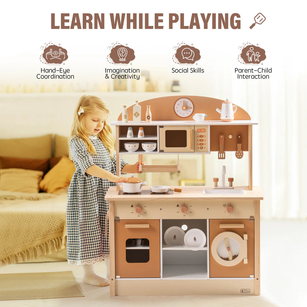 ROBUD Wooden Play Kitchen for Kids – Caramel