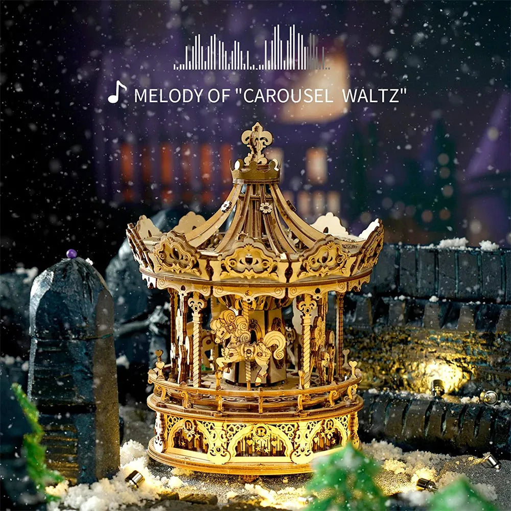 3D Wooden Carousel Music Box Model Kit