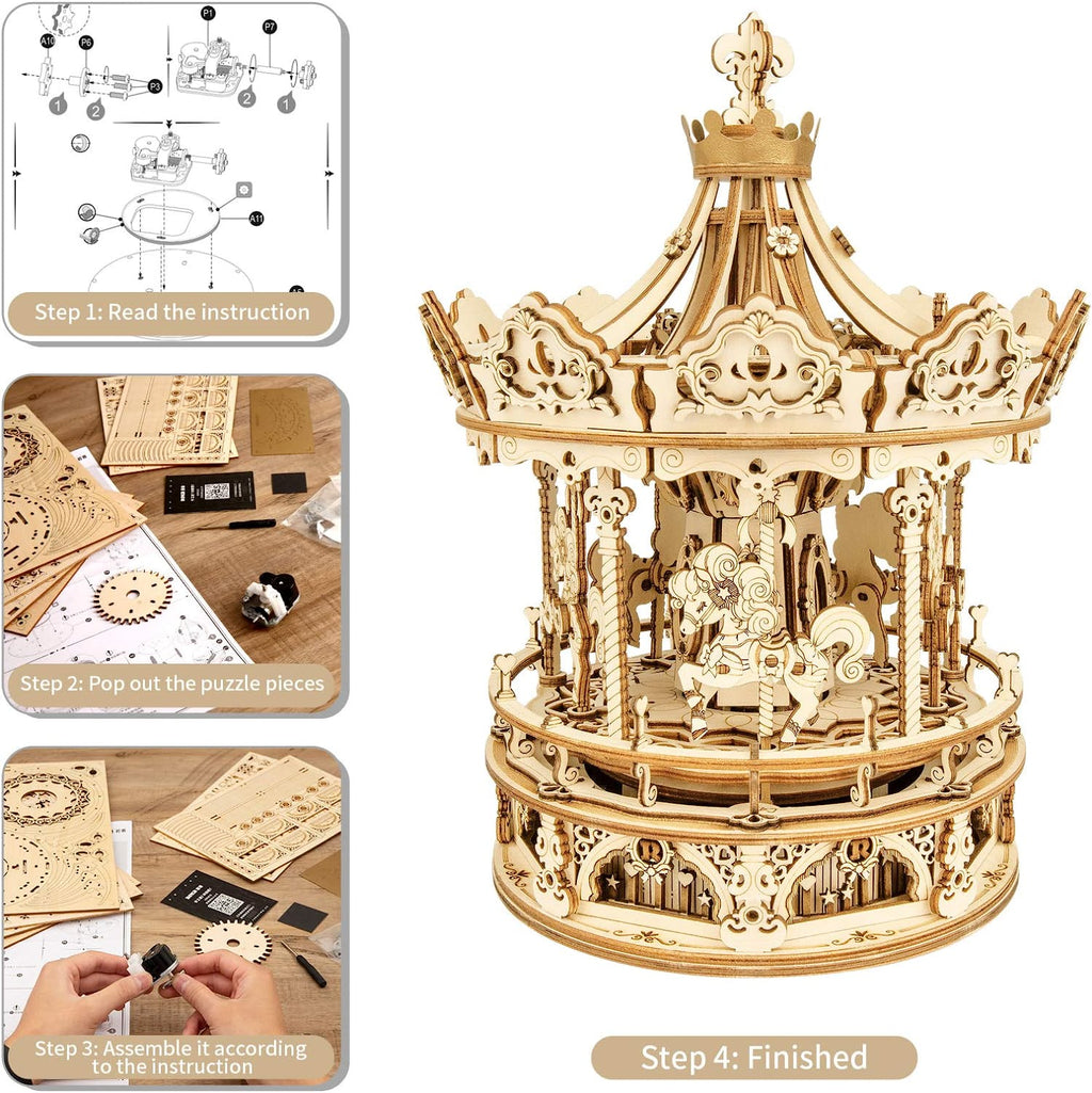 3D Wooden Carousel Music Box Model Kit