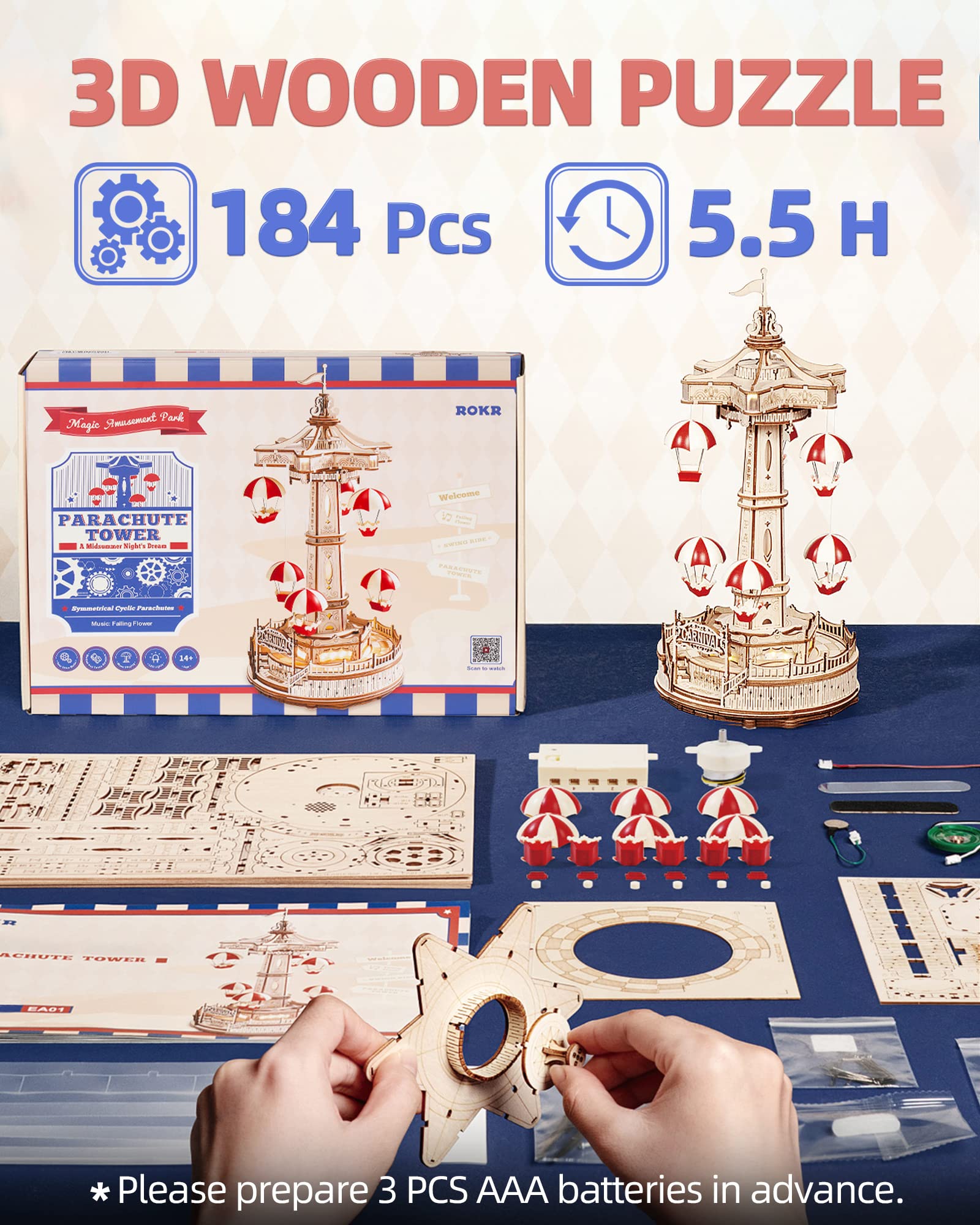 3D Wooden Parachute Tower Music Box Kit