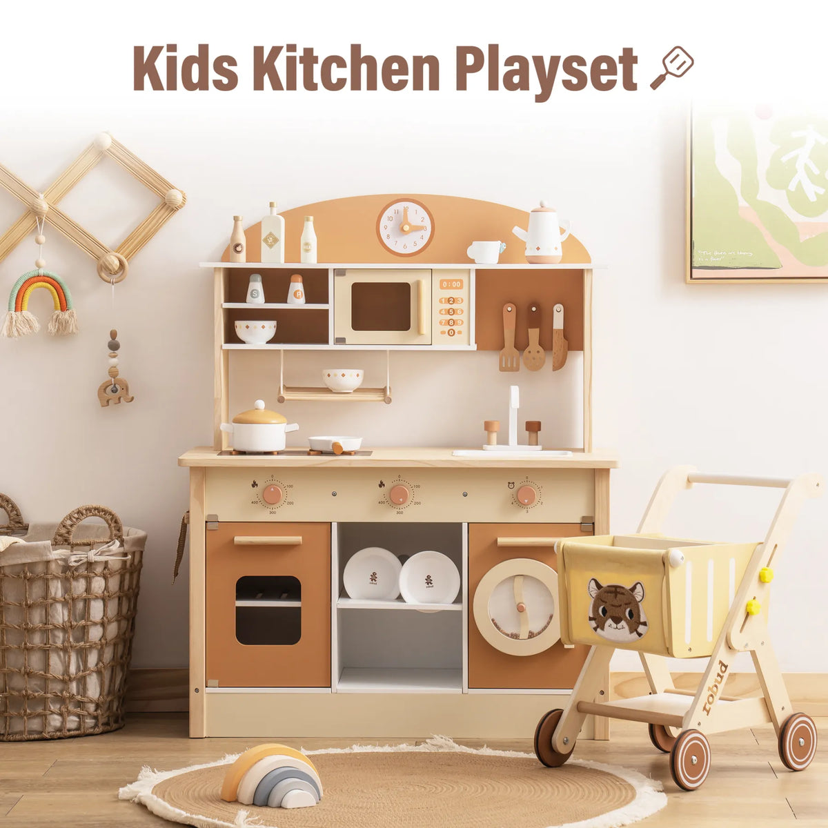 ROBUD Wooden Play Kitchen for Kids – Caramel