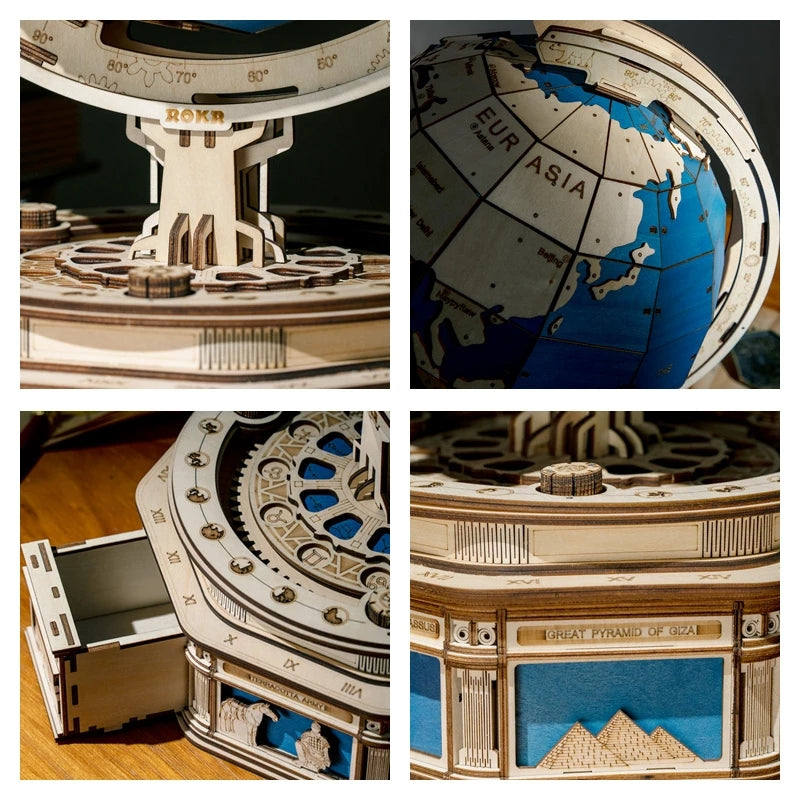 Vintage Wooden Globe Model – 3D DIY Rotating Earth Puzzle Kit