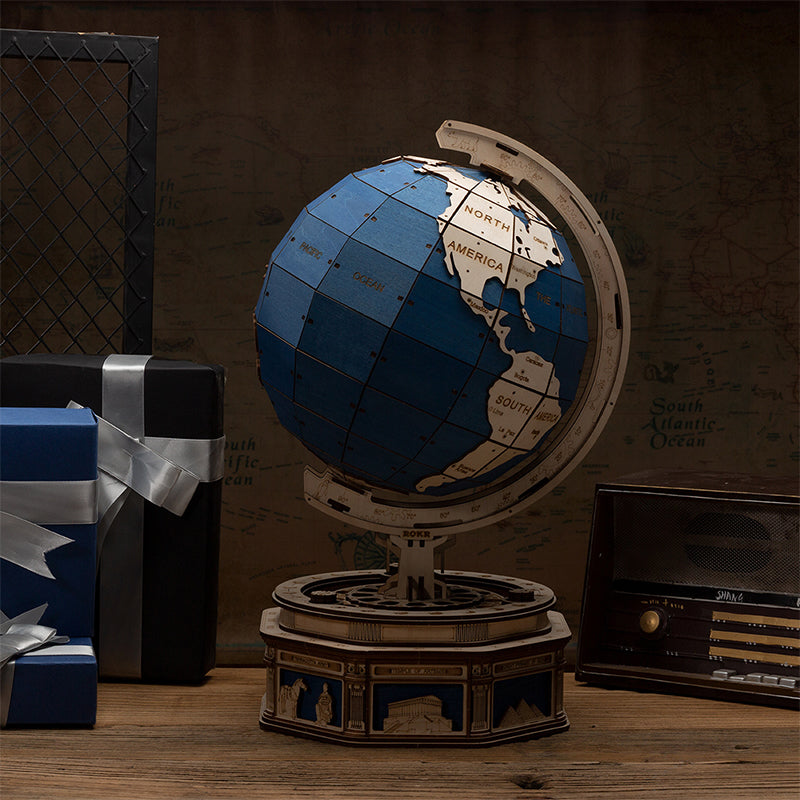 Vintage Wooden Globe Model – 3D DIY Rotating Earth Puzzle Kit