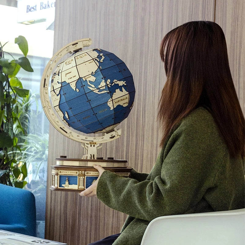 Vintage Wooden Globe Model – 3D DIY Rotating Earth Puzzle Kit