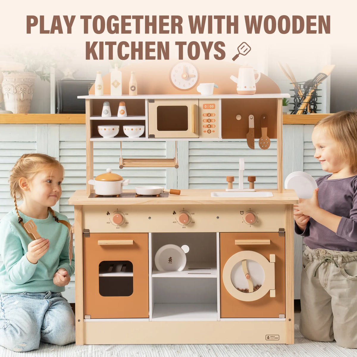 ROBUD Wooden Play Kitchen for Kids – Caramel