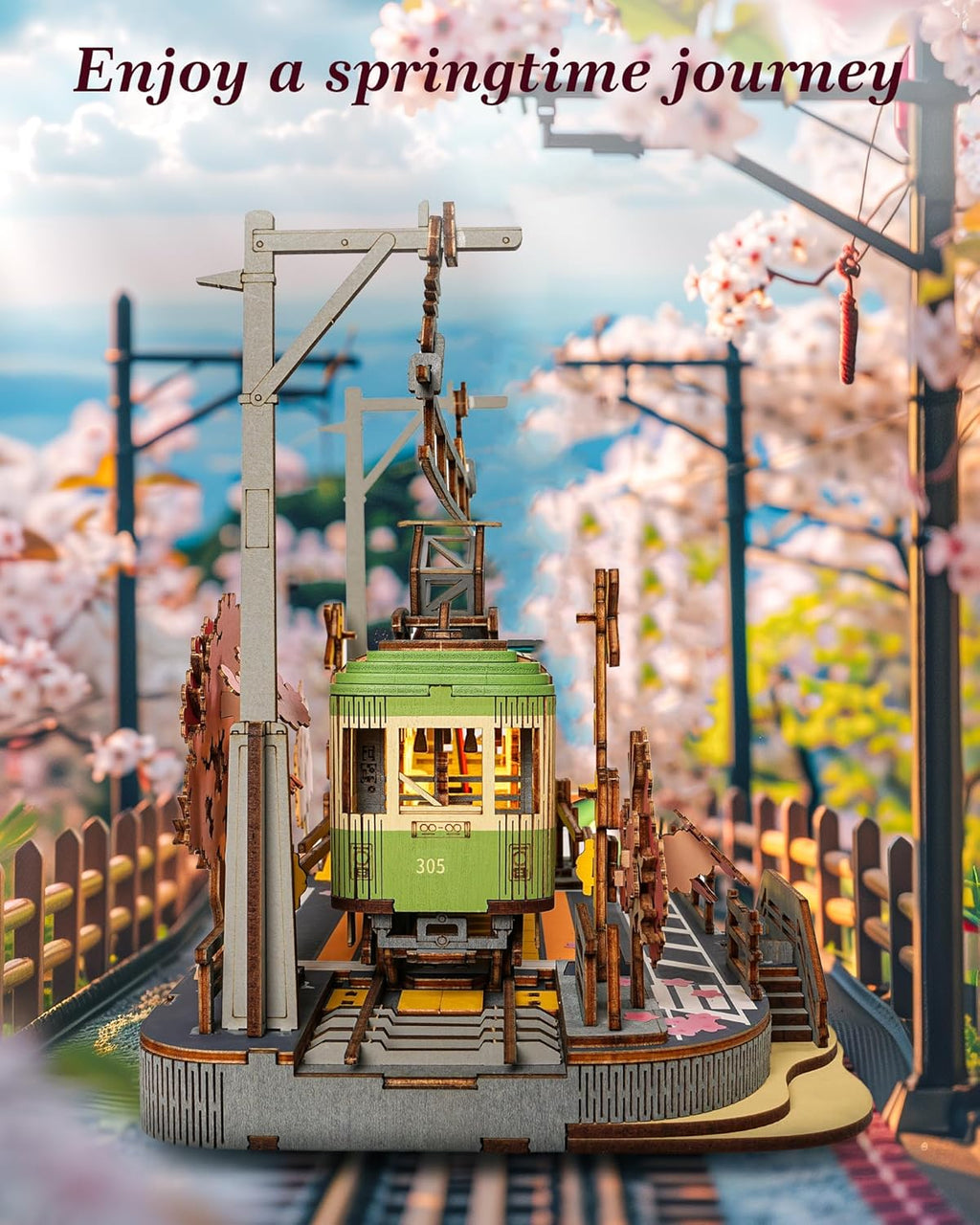 Sakura Journey Tram – 3D Wooden Puzzle Kit