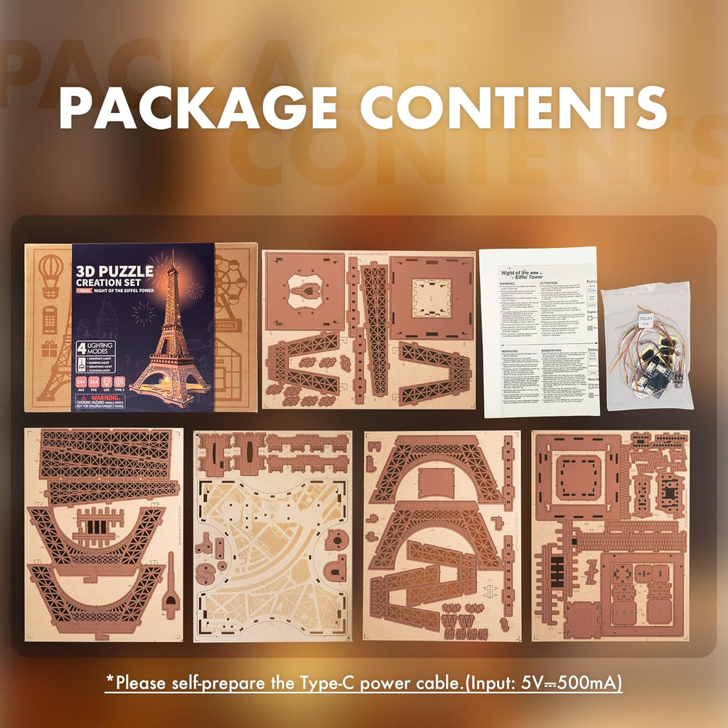 Eiffel Tower Night Edition – 3D Wooden Puzzle Kit