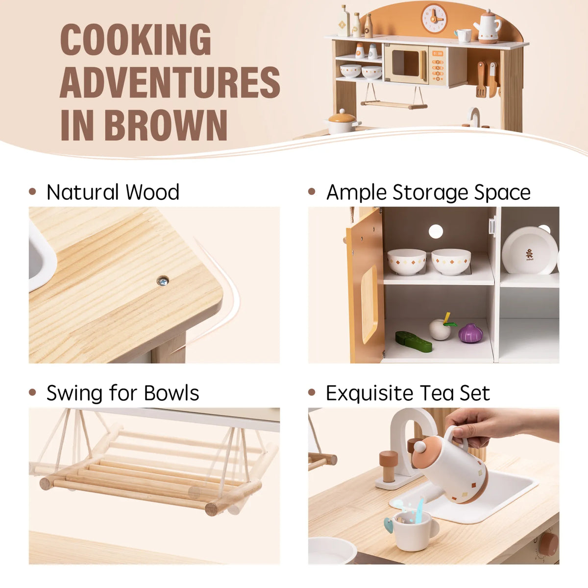 ROBUD Wooden Play Kitchen for Kids – Caramel