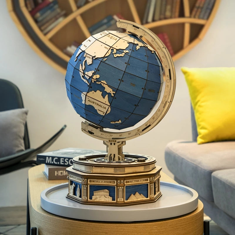 Vintage Wooden Globe Model – 3D DIY Rotating Earth Puzzle Kit