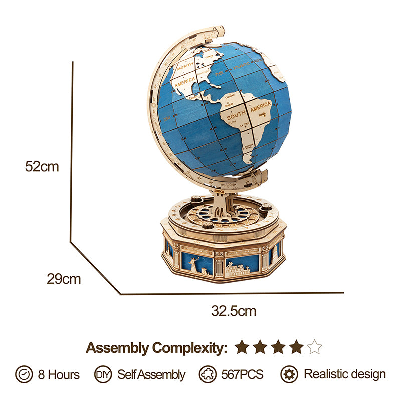 Vintage Wooden Globe Model – 3D DIY Rotating Earth Puzzle Kit