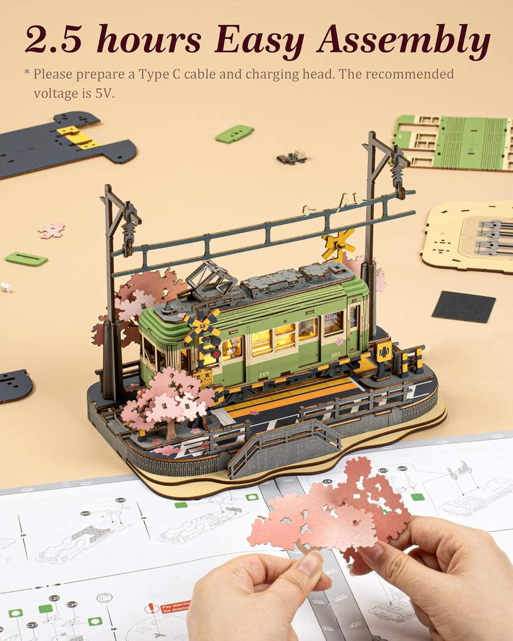 Sakura Journey Tram – 3D Wooden Puzzle Kit