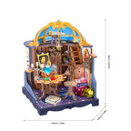 Rolife Astral Dome miniature house showing its assembled dimensions of 9.6 x 9.6 x 13.2 cm with a blue celestial dome and detailed astrology room