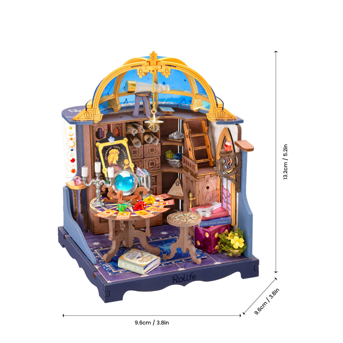 Rolife Astral Dome miniature house showing its assembled dimensions of 9.6 x 9.6 x 13.2 cm with a blue celestial dome and detailed astrology room