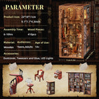 Minicity Abbey Library DIY Book Nook Kit showing 410 wooden pieces, 6–10 hour assembly time, age 14+ and assembled dimensions of 18 × 11 × 23 cm