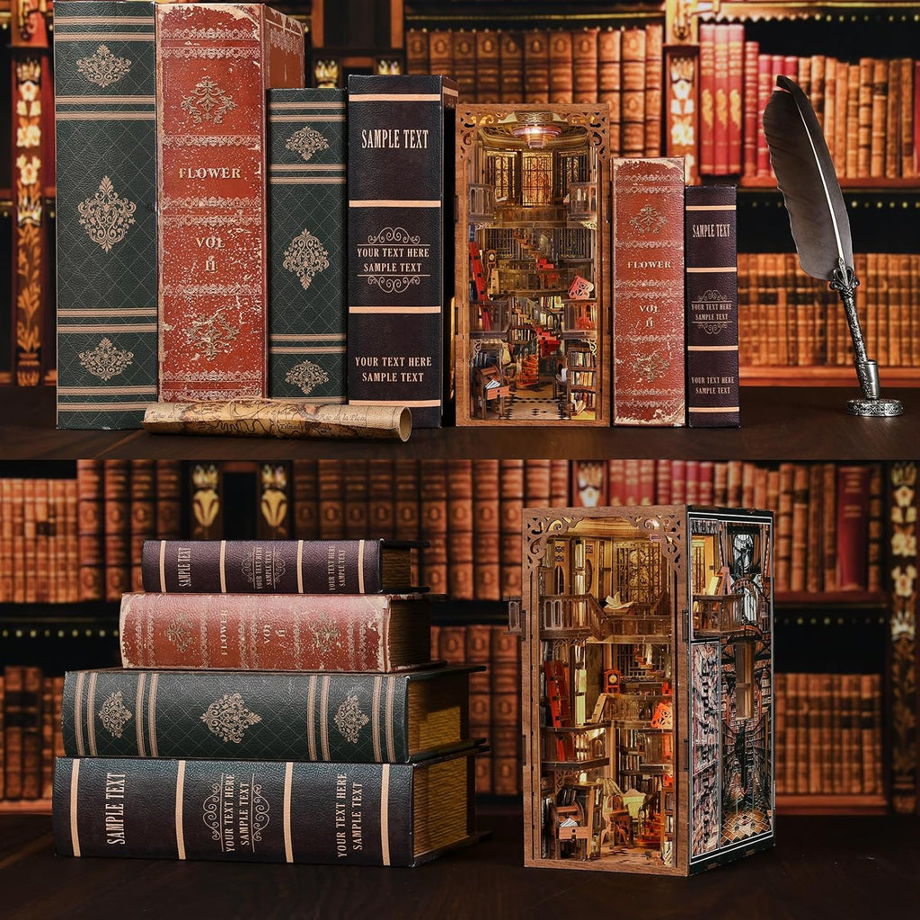Minicity Abbey Library illuminated DIY Book Nook displayed between vintage books as a decorative miniature library for a bookshelf