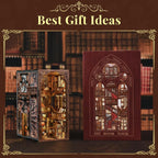 Minicity Abbey Library DIY Book Nook Kit displayed beside its illustrated gift box as a creative gift for book lovers and miniature enthusiasts