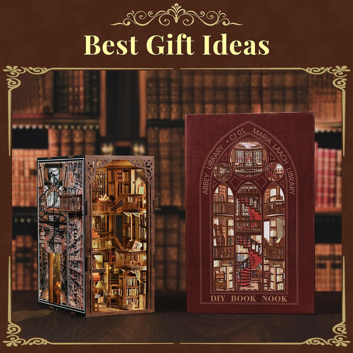 Minicity Abbey Library DIY Book Nook Kit displayed beside its illustrated gift box as a creative gift for book lovers and miniature enthusiasts