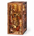 Minicity Abbey Library DIY Book Nook Kit featuring a warm illuminated multi-level medieval library with bookshelves, balconies and red spiral staircases