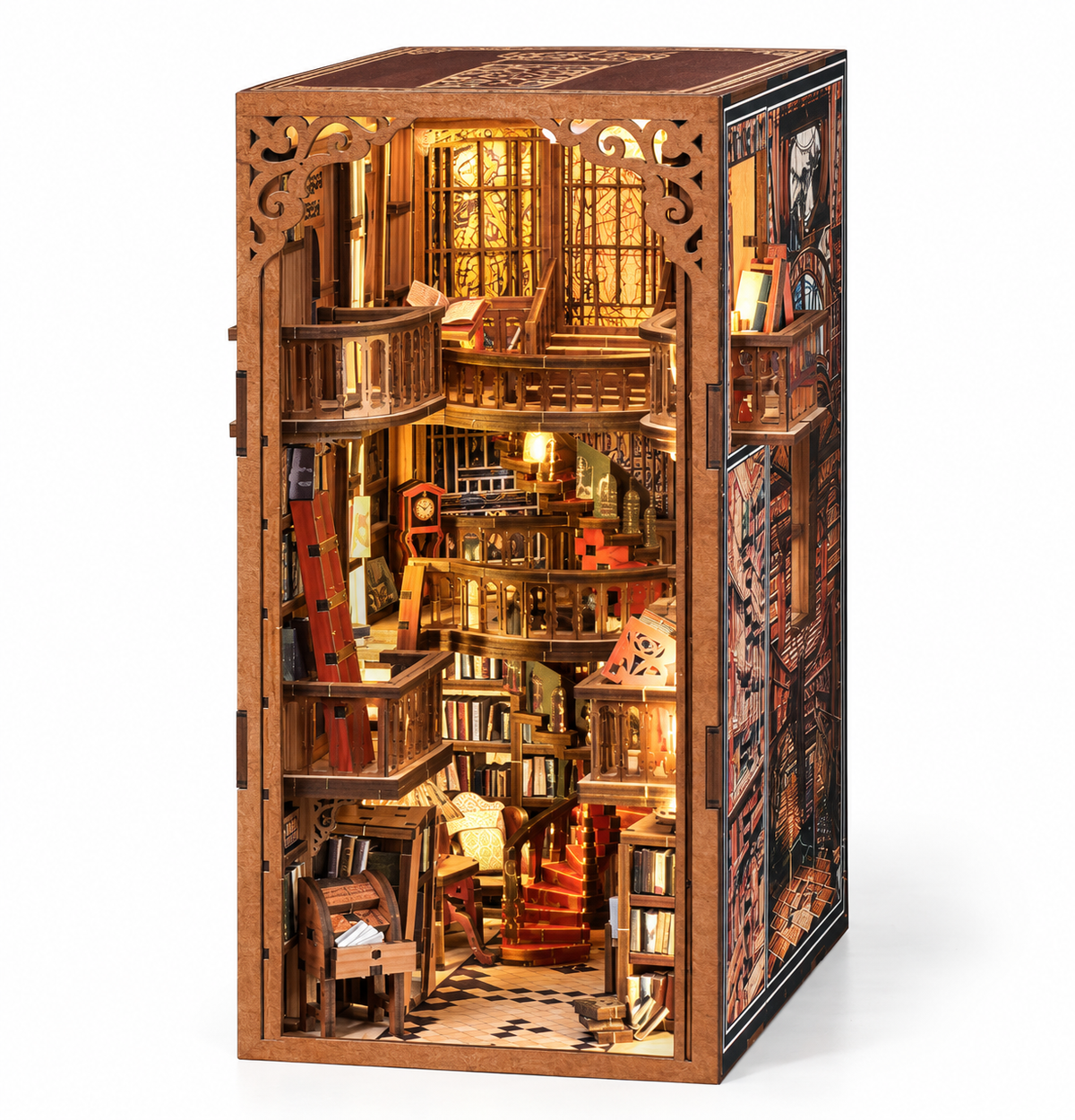 Minicity Abbey Library DIY Book Nook Kit featuring a warm illuminated multi-level medieval library with bookshelves, balconies and red spiral staircases