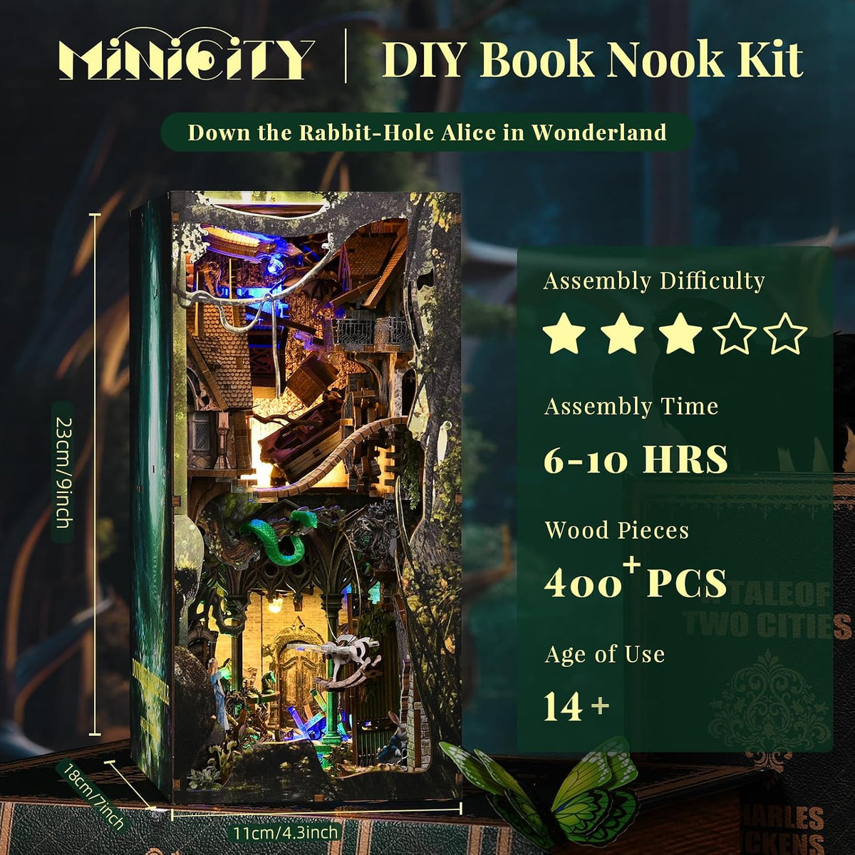 Minicity Alice Down The Rabbit Hole book nook with 400+ wood pieces, 6 to 10 hour assembly time and 23 x 18 x 11 cm finished size