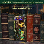 Minicity Alice Down The Rabbit Hole DIY book nook displayed between books as a detailed illuminated bookshelf insert