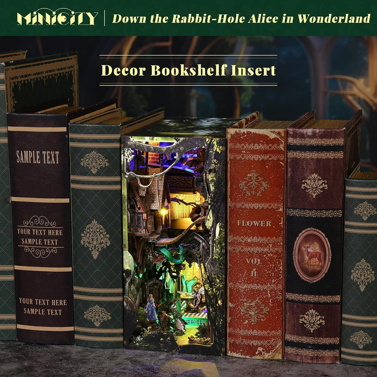 Minicity Alice Down The Rabbit Hole DIY book nook displayed between books as a detailed illuminated bookshelf insert