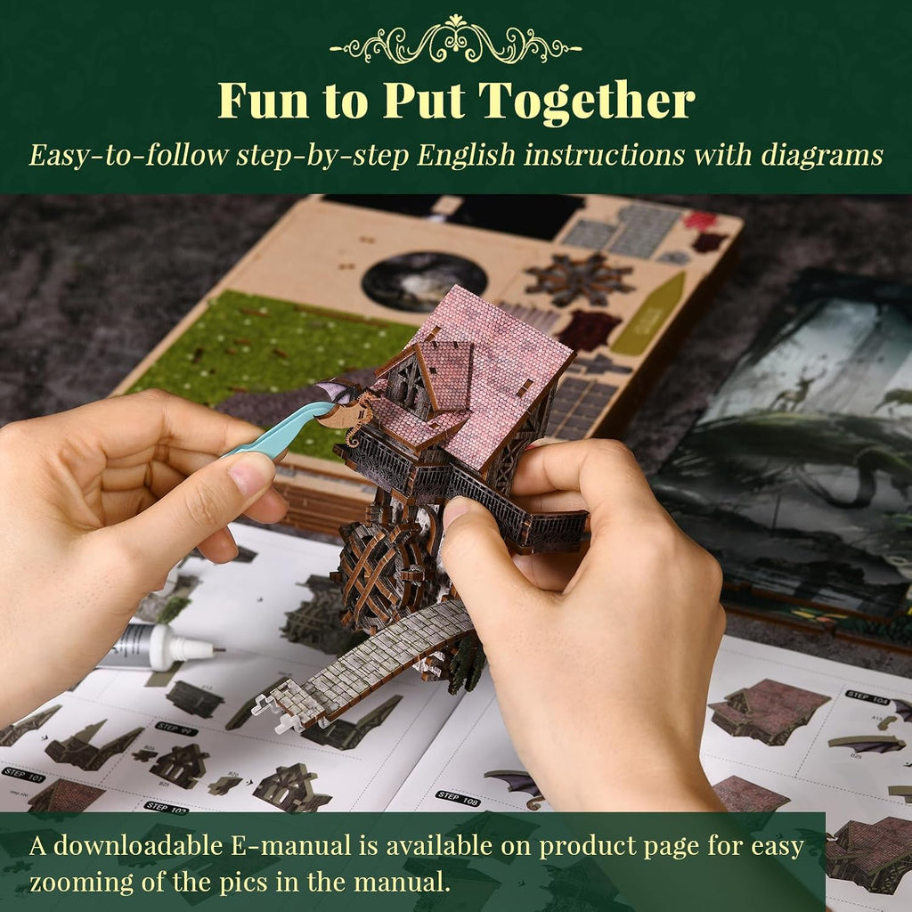 Building the Minicity Alice Down The Rabbit Hole DIY book nook with precision-cut wooden parts, miniature house sections and step-by-step instructions