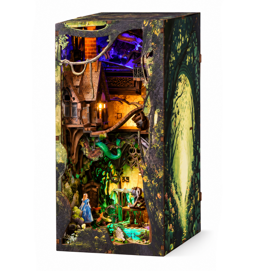 Minicity Alice Down The Rabbit Hole DIY book nook kit with Alice in Wonderland scene, enchanted forest, winding houses, dragon and LED lighting