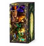 Minicity Alice Down The Rabbit Hole DIY book nook kit with Alice in Wonderland scene, enchanted forest, winding houses, dragon and LED lighting
