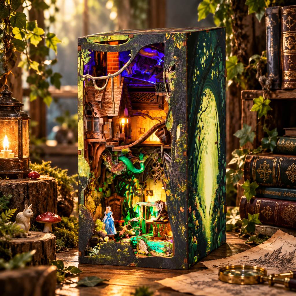 Minicity Alice Down The Rabbit Hole book nook displayed in a magical woodland setting with Alice, glowing lights, books and fantasy details