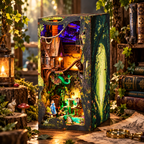 Minicity Alice Down The Rabbit Hole book nook displayed in a magical woodland setting with Alice, glowing lights, books and fantasy details