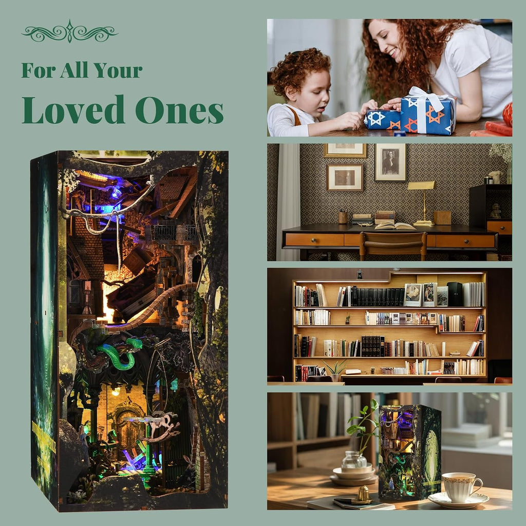 Minicity Alice Down The Rabbit Hole book nook displayed in a reading room and home setting as imaginative bookshelf decor