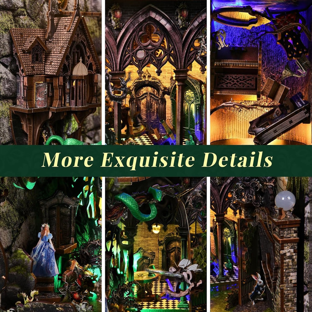 Minicity Alice Down The Rabbit Hole close-up showing Gothic architecture, miniature house, Alice figure, dragon, White Rabbit and detailed pathways
