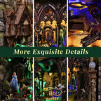 Minicity Alice Down The Rabbit Hole close-up showing Gothic architecture, miniature house, Alice figure, dragon, White Rabbit and detailed pathways