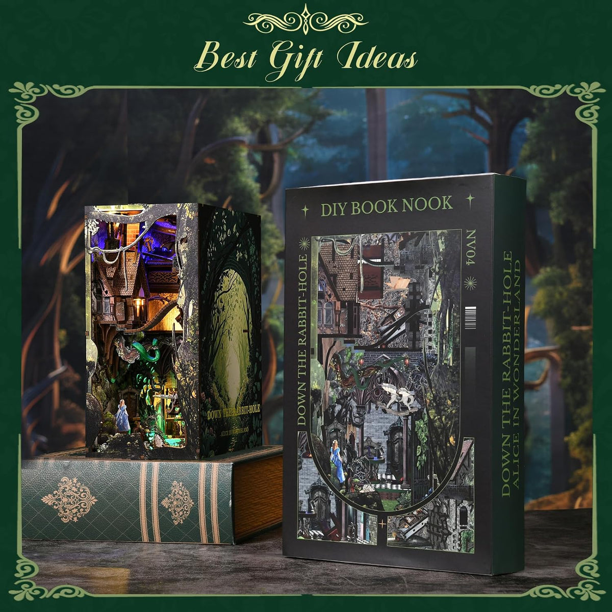 Minicity Alice Down The Rabbit Hole NV04 DIY book nook kit with finished miniature scene and product gift packaging