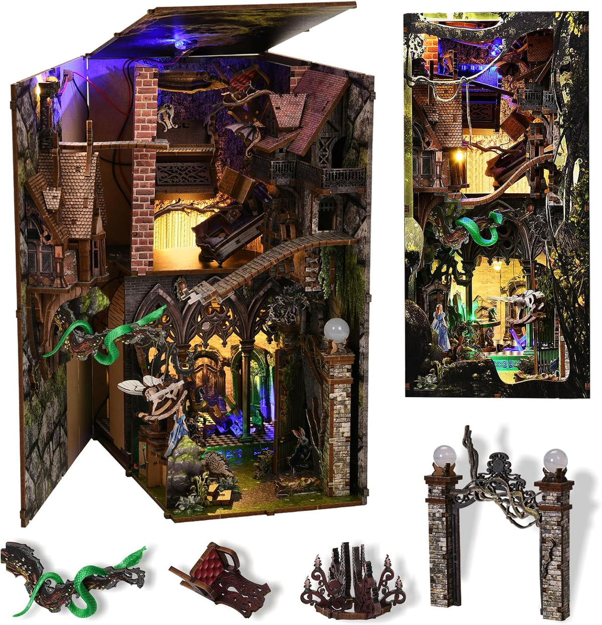 Minicity Alice Down The Rabbit Hole DIY book nook shown open with detailed miniature houses, winding pathways, dragon, Alice figure and LED lights