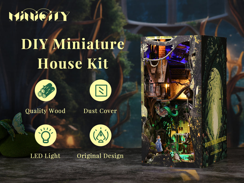 Minicity Alice Down The Rabbit Hole DIY book nook featuring quality wood pieces, LED lighting, protective dust cover and original design