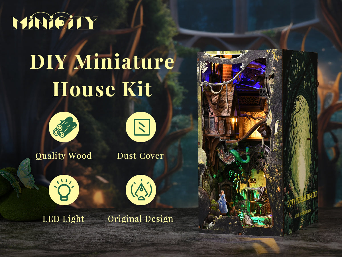 Minicity Alice Down The Rabbit Hole DIY book nook featuring quality wood pieces, LED lighting, protective dust cover and original design