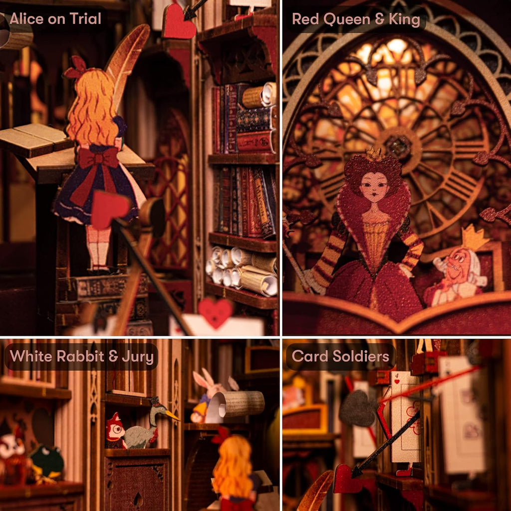 Minicity Alice's Evidence miniature details featuring Alice on trial, the Red Queen and King, White Rabbit, Jury and card soldiers