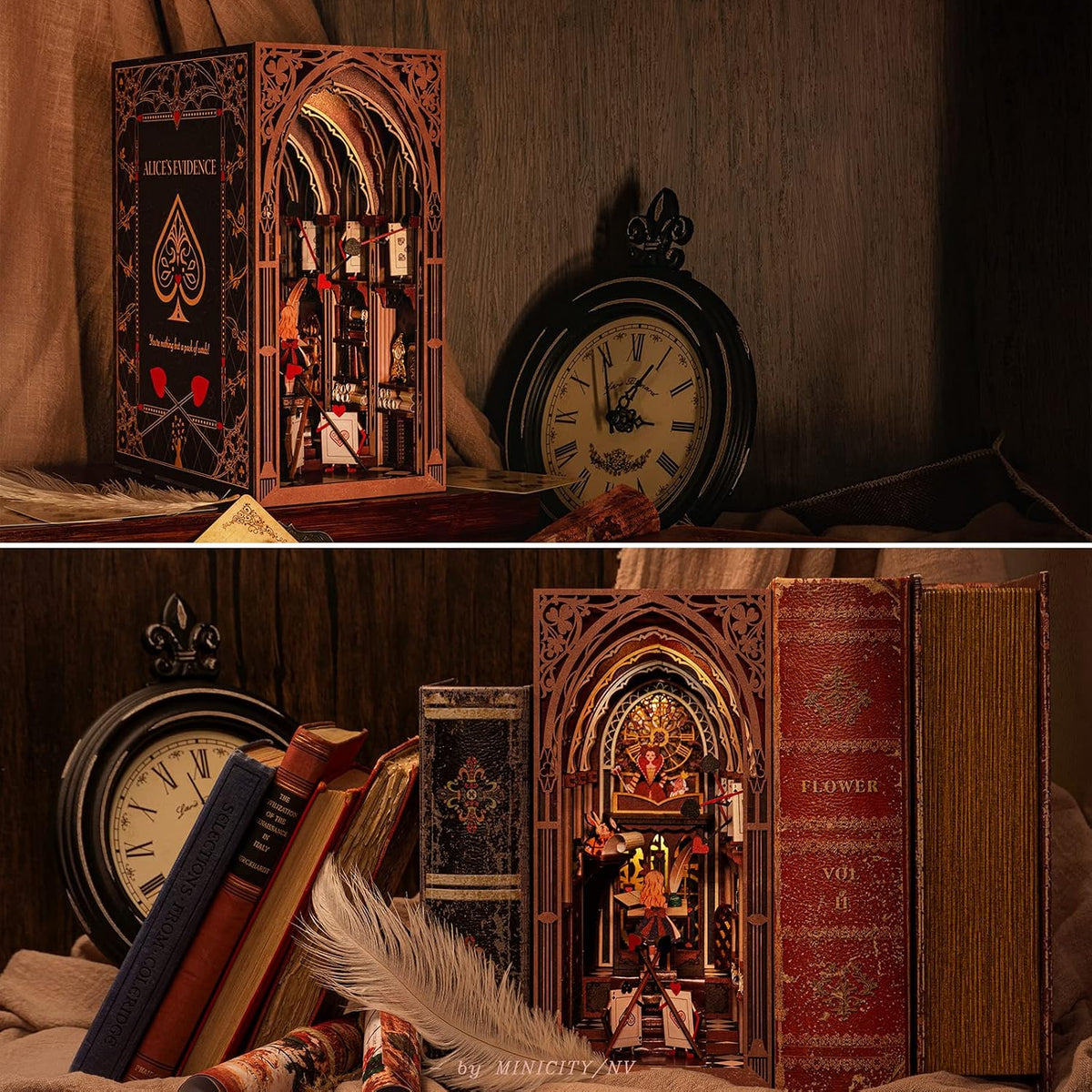 Minicity Alice's Evidence DIY book nook displayed between books with Gothic arches, Alice in Wonderland details and warm ambient lighting
