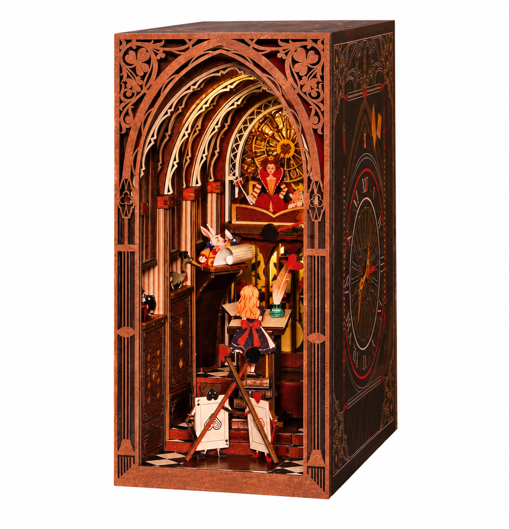 Minicity Alice's Evidence DIY book nook kit with Alice in Wonderland characters, Gothic arches, card soldiers, bookshelves and detailed fantasy interior
