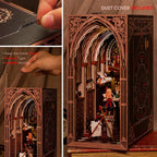 Minicity Alice's Evidence book nook with pull-out transparent dust cover and invisible handle protecting the detailed miniature interior