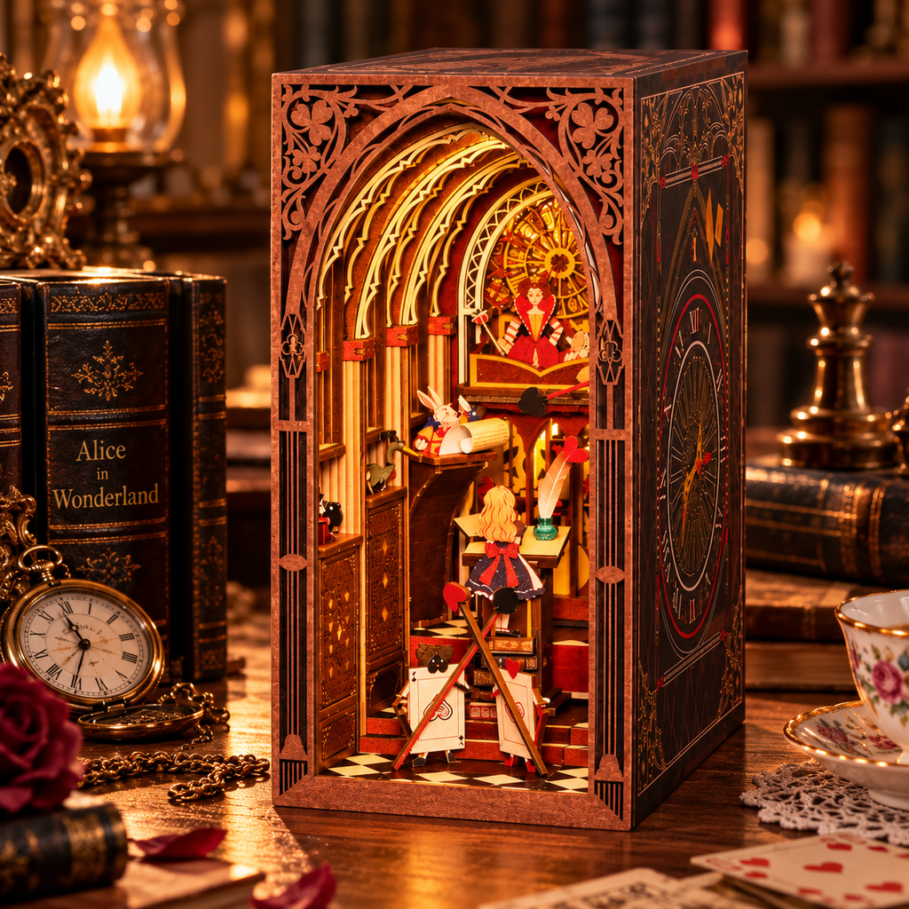 Minicity Alice's Evidence DIY book nook displayed with Alice in Wonderland books, warm LED lighting and detailed Gothic fantasy architecture