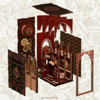 Minicity Alice's Evidence DIY book nook shown in exploded assembly view with wooden panels, Gothic arches, gears, clock and miniature components