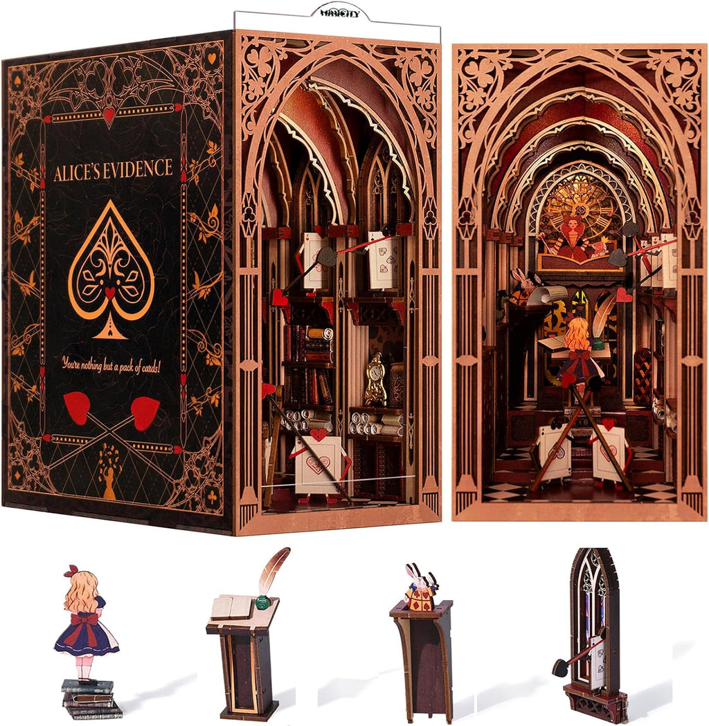 Minicity Alice's Evidence book nook showing removable miniature components including Alice, White Rabbit, card soldiers, bookshelves and decorative stands