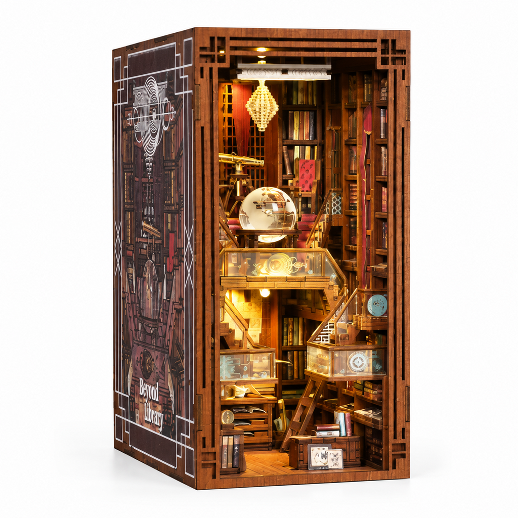 Minicity Beyond Library DIY Book Nook Kit featuring an illuminated miniature library with tall wooden bookshelves, a crystal globe, display cases and intricate staircases