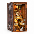 Minicity Beyond Library DIY Book Nook Kit featuring an illuminated miniature library with tall wooden bookshelves, a crystal globe, display cases and intricate staircases