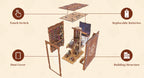 Exploded assembly diagram of the Minicity Beyond Library book nook showing wooden frame panels, interior library sections, transparent dust cover, roof and structural components